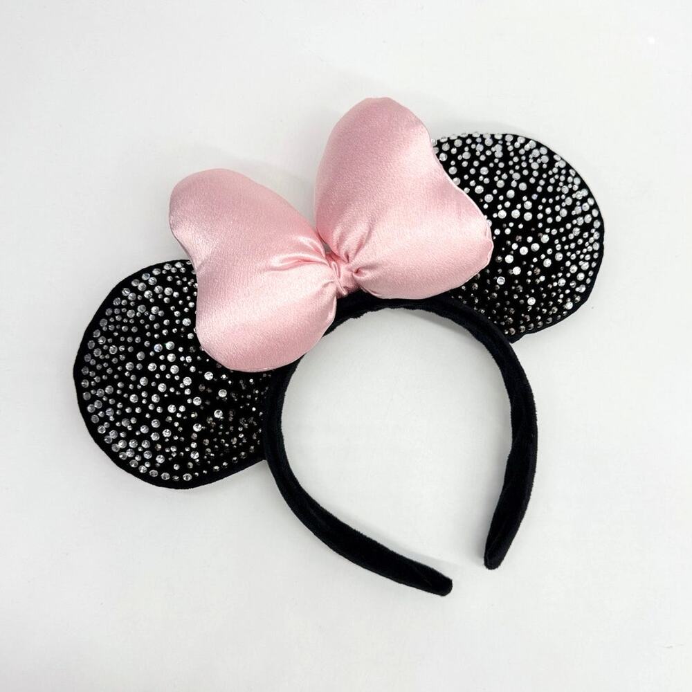 Disney Minnie Mouse Sparkly Rhinestone Ears Headband With Pink Plush Bow